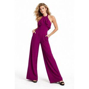 BEBE halter jumpsuit wide leg magenta 8 sleeveless knit ruffle 2000s Y2K retro